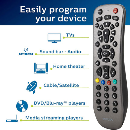 Philips Universal Remote Control Replacement for Samsung, Vizio, LG, Sony, Sharp, Roku, Apple TV, RCA, Panasonic, Smart TVs, Streaming Players, Blu-ray, DVD, Simple Setup, 3 Device, Black, SRP9232D/27