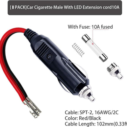 KUNCAN Replacement Cigarette Lighter Plug - 12 Volt Male Cigar Plug with Leads Car Adapter Dc Battery Charger Connectors 12V Power Supply for Auto Accessories with LED Lights 15A