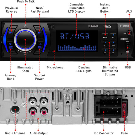 BOSS Audio Systems 616UAB Car Stereo - Single Din, Bluetooth, No CD DVD Player, AM/FM Radio Receiver, Wireless Remote Control, MP3, USB, Aux-in,