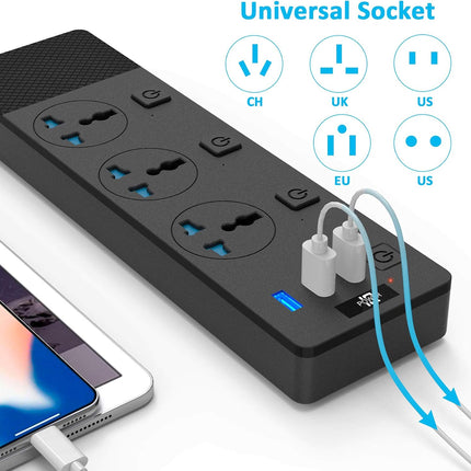 Power Strip with USB Ports, Extension Cord with Multiple Outlets, 110V-240V Cruise Ship Universal Power Strip with Individual Switches, 3000W/16A, Wall Mount Power Strip for Home Office