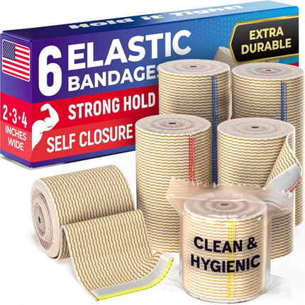 High-Performance Elastic Bandage Wrap - 6pk (2x2", 2x3", 2x4") Strong Self-Closing Compression Bandage Wrap - Foot, Ankle, Wrist, Knee Wrap, Mighty-X