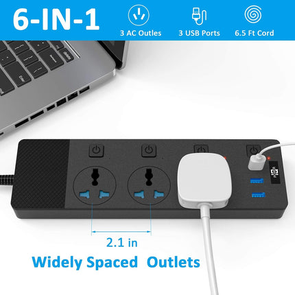 Power Strip with USB Ports, Extension Cord with Multiple Outlets, 110V-240V Cruise Ship Universal Power Strip with Individual Switches, 3000W/16A, Wall Mount Power Strip for Home Office Black