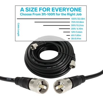 RG8X Coaxial Cable - Connector - RG8X Coax – UHF CB Antenna Cable - CB Coax Cable – 50 ft / 15.24 Meters UHF PL259 Male to Male Low Loss Cable - 50 Ohm for HAM Radio - Antenna Analyzer STEREN 205-750