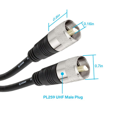 RG8X Coaxial Cable - Connector - RG8X Coax – UHF CB Antenna Cable - CB Coax Cable – 50 ft / 15.24 Meters UHF PL259 Male to Male Low Loss Cable - 50 Ohm for HAM Radio - Antenna Analyzer STEREN 205-750