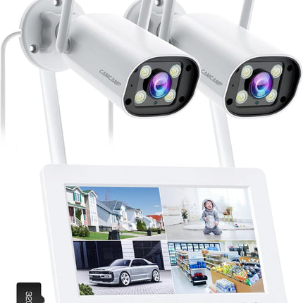 Camcamp Wireless Security Camera System with 7" Touchscreen Monitor & 2PCS 2K Wired Outdoor Security Camera, No WiFi Need, Color Night Vision, 2 Way Audio, Motion Detection, 32GB SD Card Included
