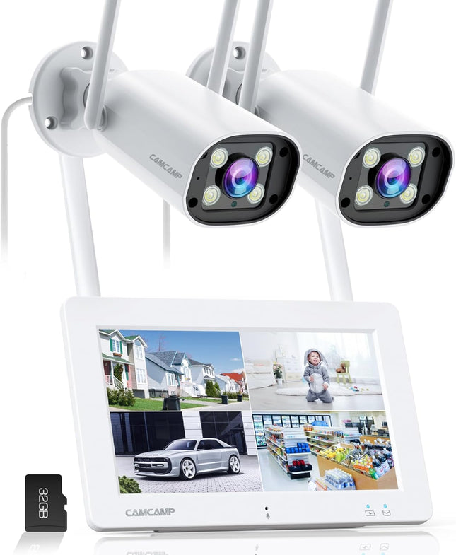 Camcamp Wireless Security Camera System with 7" Touchscreen Monitor & 2PCS 2K Wired Outdoor Security Camera, No WiFi Need, Color Night Vision, 2 Way Audio, Motion Detection, 32GB SD Card Included