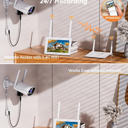 Camcamp Wireless Security Camera System with 7" Touchscreen Monitor & 2PCS 2K Wired Outdoor Security Camera, No WiFi Need, Color Night Vision, 2 Way Audio, Motion Detection, 32GB SD Card Included