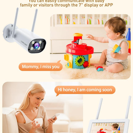 Camcamp Wireless Security Camera System with 7" Touchscreen Monitor & 2PCS 2K Wired Outdoor Security Camera, No WiFi Need, Color Night Vision, 2 Way Audio, Motion Detection, 32GB SD Card Included