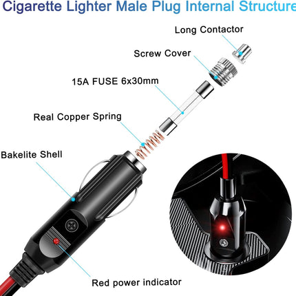 RWUJILONG 12V/24V Heavy Duty Cigarette Lighter Extension Cord 26.1FT with LED Light for Car Vehicle Tire Pump Air Compressor Refrigerator Coffee Maker etc. (1*Spare Fuse)