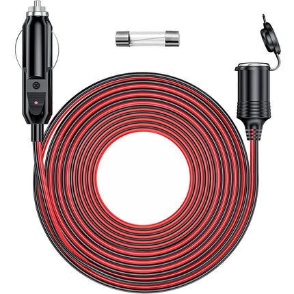 RWUJILONG 12V/24V Heavy Duty Cigarette Lighter Extension Cord 26.1FT with LED Light for Car Vehicle Tire Pump Air Compressor Refrigerator Coffee Maker etc. (1*Spare Fuse)