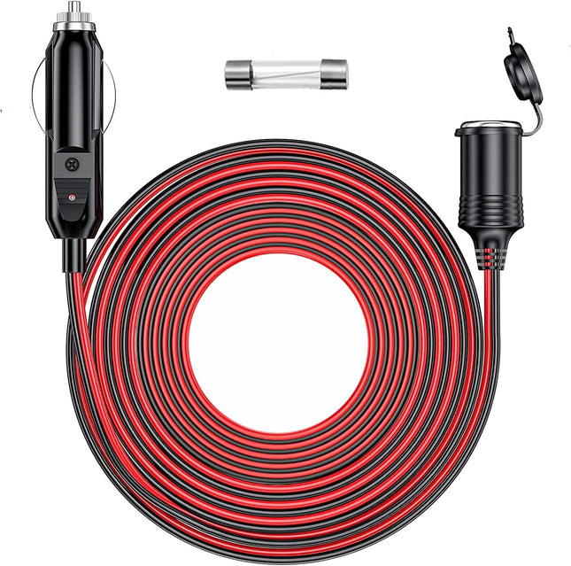 RWUJILONG 12V/24V Heavy Duty Cigarette Lighter Extension Cord 26.1FT with LED Light for Car Vehicle Tire Pump Air Compressor Refrigerator Coffee Maker etc. (1*Spare Fuse)