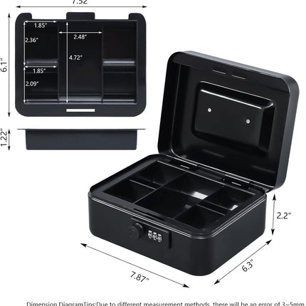 KYODOLED Medium Metal Cash Box with Combination Lock Safe and Money Tray for Security 7.87"x 6.30"x 3.54" Black