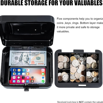 KYODOLED Medium Metal Cash Box with Combination Lock Safe and Money Tray for Security 7.87"x 6.30"x 3.54" Black