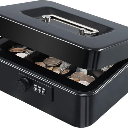 KYODOLED Medium Metal Cash Box with Combination Lock Safe and Money Tray for Security 7.87"x 6.30"x 3.54" Black