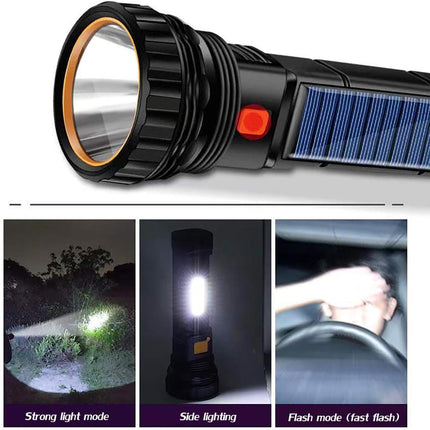 E-SHIDAI Solar/Rechargeable Multi Function 1000 Lumens LED Flashlight, with Emergency Strobe Light and 1200 Mah Battery, Emergency Power Supply and USB Charging Cable, Fast Charging (1PC)