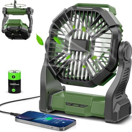 CONBOLA Portable Rechargeable Camping Fan for Tent with LED Lantern, 10-Inch Battery Operated Outdoor Fan with Hanging Hook, 270° Rotation, Small Quiet Personal Usb Cooling Fan for Travel, Fishing