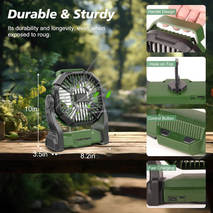 CONBOLA Portable Rechargeable Camping Fan for Tent with LED Lantern, 10-Inch Battery Operated Outdoor Fan with Hanging Hook, 270° Rotation, Small Quiet Personal Usb Cooling Fan for Travel, Fishing