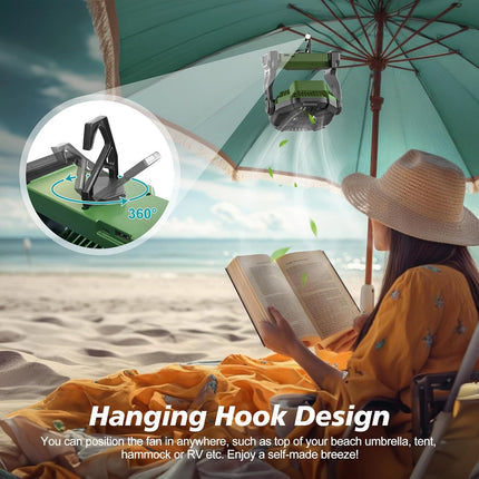 CONBOLA Portable Rechargeable Camping Fan for Tent with LED Lantern, 10-Inch Battery Operated Outdoor Fan with Hanging Hook, 270° Rotation, Small Quiet Personal Usb Cooling Fan for Travel, Fishing