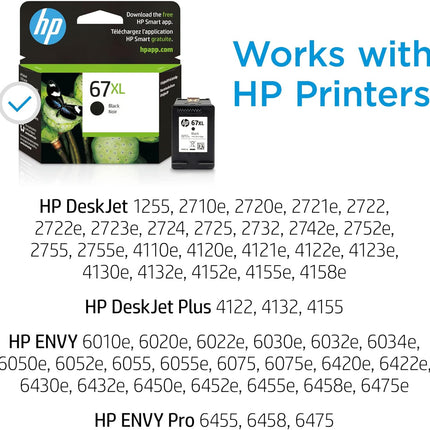 HP 67XL Black High-yield Ink Cartridge | Works with HP DeskJet 1255, 2700, 4100 Series, HP ENVY 6000, 6400 Series | Eligible for Instant Ink | 3YM57AN