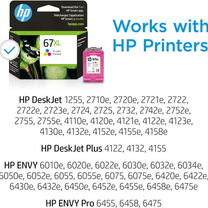 HP 67XL Tri-color High-yield Ink Cartridge | Works with HP DeskJet 1255, 2700, 4100 Series, HP ENVY 6000, 6400 Series | Eligible for Instant Ink | 3YM58AN