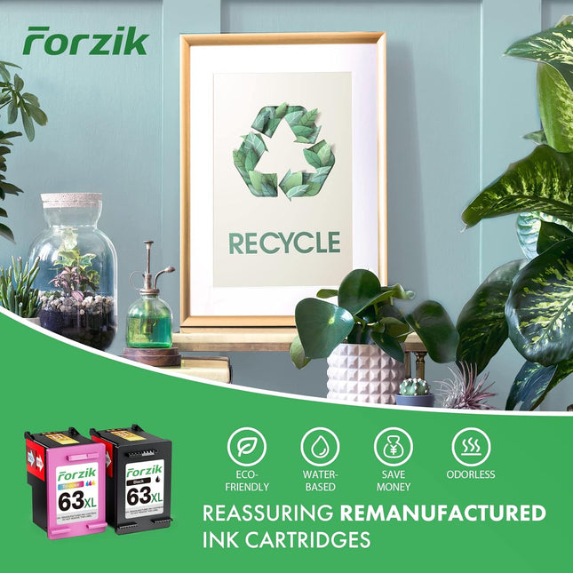 Forzik Remanufactured Ink Cartridges Replacement for HP Ink 63 63XL Works with DeskJet 1110 2130 3630 Envy 4510 4520 OfficeJet 3830 4650 5220 Printer(1Black,1Color,2 Pack)