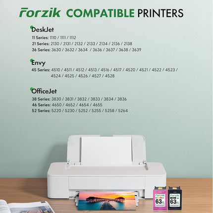 Forzik Remanufactured Ink Cartridges Replacement for HP Ink 63 63XL Works with DeskJet 1110 2130 3630 Envy 4510 4520 OfficeJet 3830 4650 5220 Printer(1Black,1Color,2 Pack)