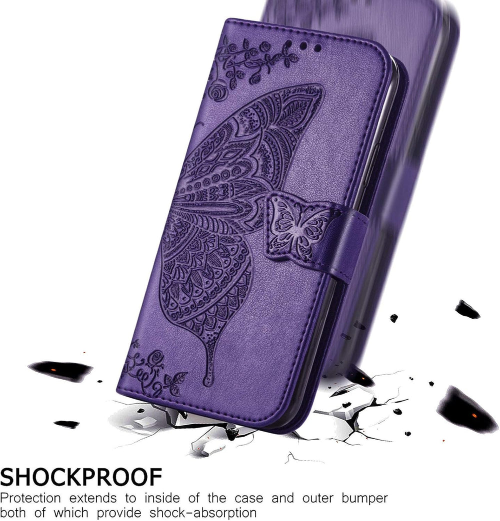HAOTP for Samsung Galaxy S9 Phone Case Wallet,Women Flip Folio Cover Galaxy S9 Credit Card Holders Emboss Butterfly Flower PU Leather Purse Wrist Strap Kickstand Case for Samsung Galaxy S9 Purple