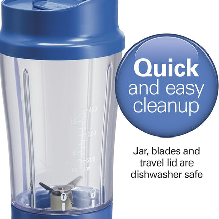 Hamilton Beach Portable Blender for Shakes and Smoothies with 14 Oz BPA Free Travel Cup and Lid, Durable Stainless Steel Blades for Powerful Blending Performance, Blue (51132)