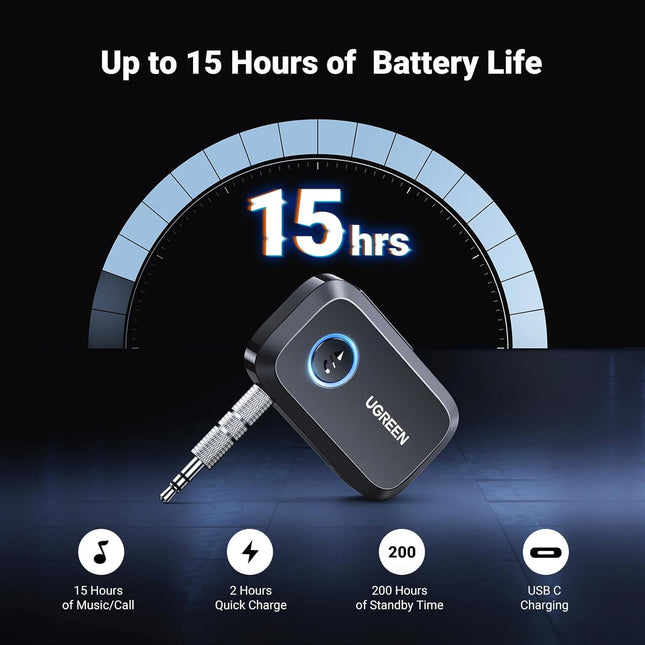 UGREEN 5.3 Aux Bluetooth Adapter for Car, [Greater Connection] Bluetooth Aux Adapter for Car, Bluetooth aux for Wireless Audio Receiver for Home Stereo/Wired Speaker, 15H Battery Life