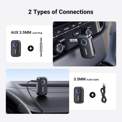 UGREEN 5.3 Aux Bluetooth Adapter for Car, [Greater Connection] Bluetooth Aux Adapter for Car, Bluetooth aux for Wireless Audio Receiver for Home Stereo/Wired Speaker, 15H Battery Life
