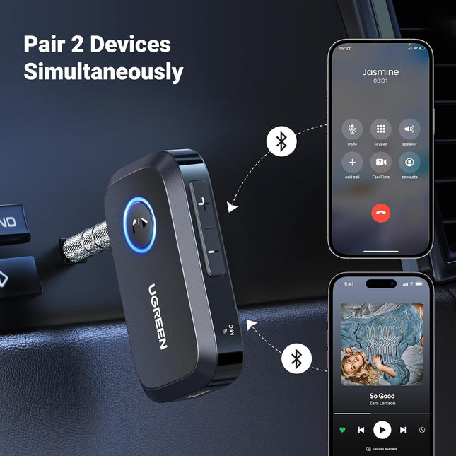 UGREEN 5.3 Aux Bluetooth Adapter for Car, [Greater Connection] Bluetooth Aux Adapter for Car, Bluetooth aux for Wireless Audio Receiver for Home Stereo/Wired Speaker, 15H Battery Life