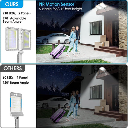 ropelux Solar Outdoor Lights, Motion Sensor Outdoor Lights Double Big Solar Panels, IP65 Waterproof and 5 Modes, 218LEDs High Brightness Wider Illuminated Area Flood Lights for Street