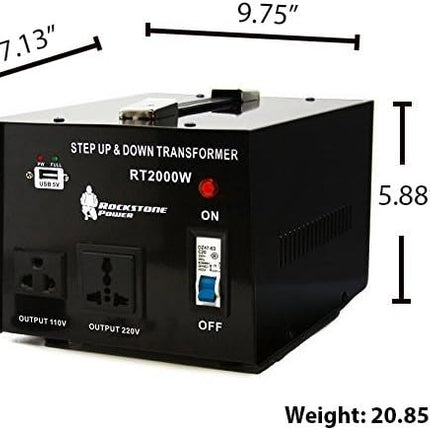 ROCKSTONE POWER 2000 Watt Voltage Converter Transformer - Heavy Duty Step Up/Down AC 110V/120V/220V/240V Power Converter - Circuit Breaker Protection – DC 5V USB Port - CE Certified [3-Year Warranty]