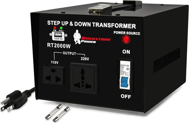 ROCKSTONE POWER 2000 Watt Voltage Converter Transformer - Heavy Duty Step Up/Down AC 110V/120V/220V/240V Power Converter - Circuit Breaker Protection – DC 5V USB Port - CE Certified [3-Year Warranty]