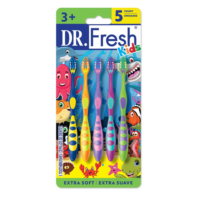 Dr. Fresh Kids Toothbrushes, Ergonomic Non-Slip Handle, Extra Soft Bristles, Tongue Cleaner