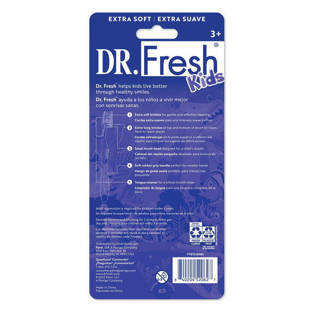 Dr. Fresh Kids Toothbrushes, Ergonomic Non-Slip Handle, Extra Soft Bristles, Tongue Cleaner, 5 Count