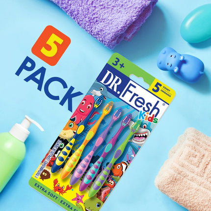 Dr. Fresh Kids Toothbrushes, Ergonomic Non-Slip Handle, Extra Soft Bristles, Tongue Cleaner