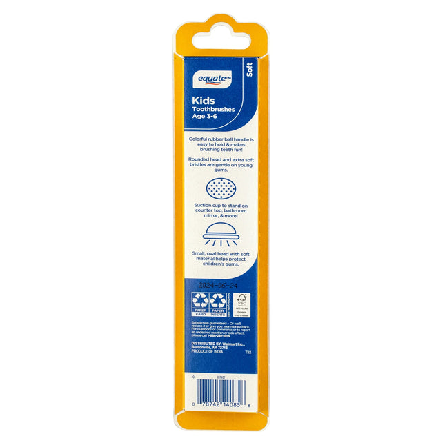 Equate Kids Ages 3 to 6 Years, Manual Soft Bristle Toothbrush, 2 Count