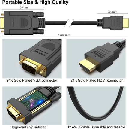 BENFEI HDMI to VGA 6 Feet Cable, Uni-Directional HDMI (Source) to VGA (Display) Cable (Male to Male) Compatible for Computer, Desktop, Laptop, PC, Monitor, Projector, HDTV, Roku, Xbox