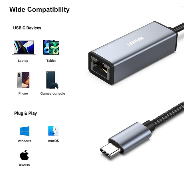 BENFEI USB-C to Ethernet Adapter, USB Type-C (Thunderbolt 3/4) to RJ45 Gigabit Ethernet LAN Network Adapter Compatible with iPhone 15 Pro/Max, MacBook Pro/Air 2023, iPad Pro,iMac, S23, XPS 17 and More