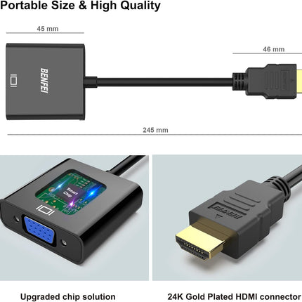 Moread HDMI to VGA, Gold-Plated HDMI to VGA Adapter (Male to Female) for Computer, Desktop, Laptop, PC, Monitor, Projector, HDTV, Chromebook, Raspberry Pi, Roku, Xbox and More - Black