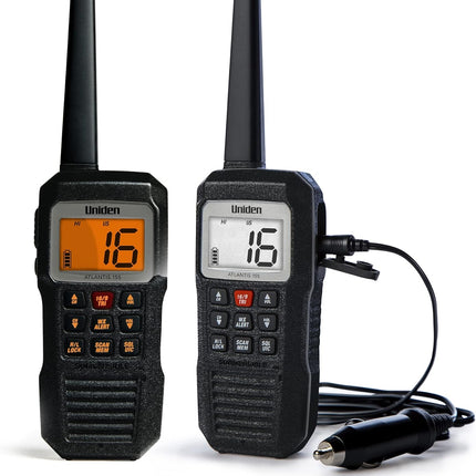Uniden Atlantis 155 Handheld Two-Way VHF Marine Radio, Floating IPX8 Submersible Waterproof, Dual-Color Screen, All USA/International/Canadian Marine Channels, NOAA Weather Alert, 10 Hour Battery