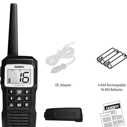 Uniden Atlantis 155 Handheld Two-Way VHF Marine Radio, Floating IPX8 Submersible Waterproof, Dual-Color Screen, All USA/International/Canadian Marine Channels, NOAA Weather Alert, 10 Hour Battery