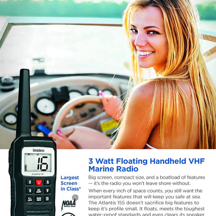 Uniden Atlantis 155 Handheld Two-Way VHF Marine Radio, Floating IPX8 Submersible Waterproof, Dual-Color Screen, All USA/International/Canadian Marine Channels, NOAA Weather Alert, 10 Hour Battery