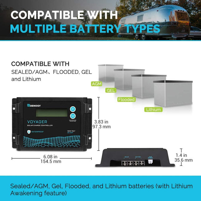 Renogy Voyager 20A 12V/24V PWM Waterproof Solar Charge Controller w/ LCD Display, 20A