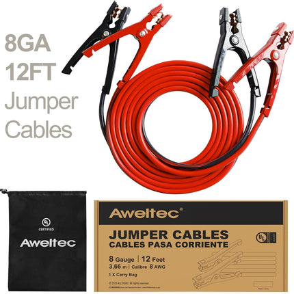 AWELTEC Jumper Cables for car, UL-Listed 8 Gauge 12 Feet Heavy Duty Booster Cables with Carry Bag (8AWG x 12Ft)