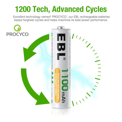 EBL AAA Ni-MH Rechargeable Batteries AAA Batteries ProCyco Technology (Typical 1100mAh, Minimum 1000mAh)
