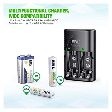 EBL Smart Rapid AA AAA Charger for AA AAA 9V Rechargeable Batteries Ni-MH Ni-CD Rechargeable Batteries