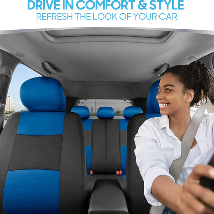 BDK PolyPro Car Seat Covers Full Set in Blue on Black – Front and Rear Split Bench Seat Covers, Easy to Install, Car Accessories for Auto Trucks Van SUV