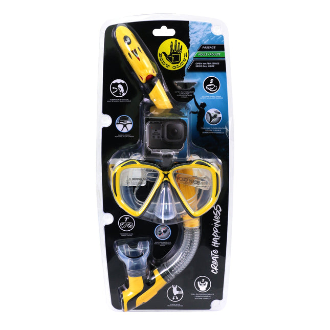 Body Glove Passage Adult Swimming Diving Mask and Snorkel Combo, GoPro Mount on Mask, Yellow